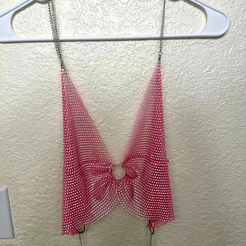 Pink Rhinestone Chain Halter Top